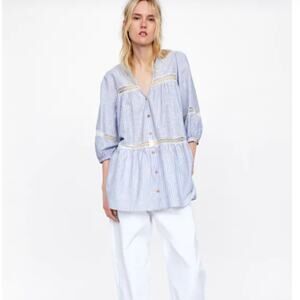 Zara striped shirt lace contrast billowy top sz S blue white